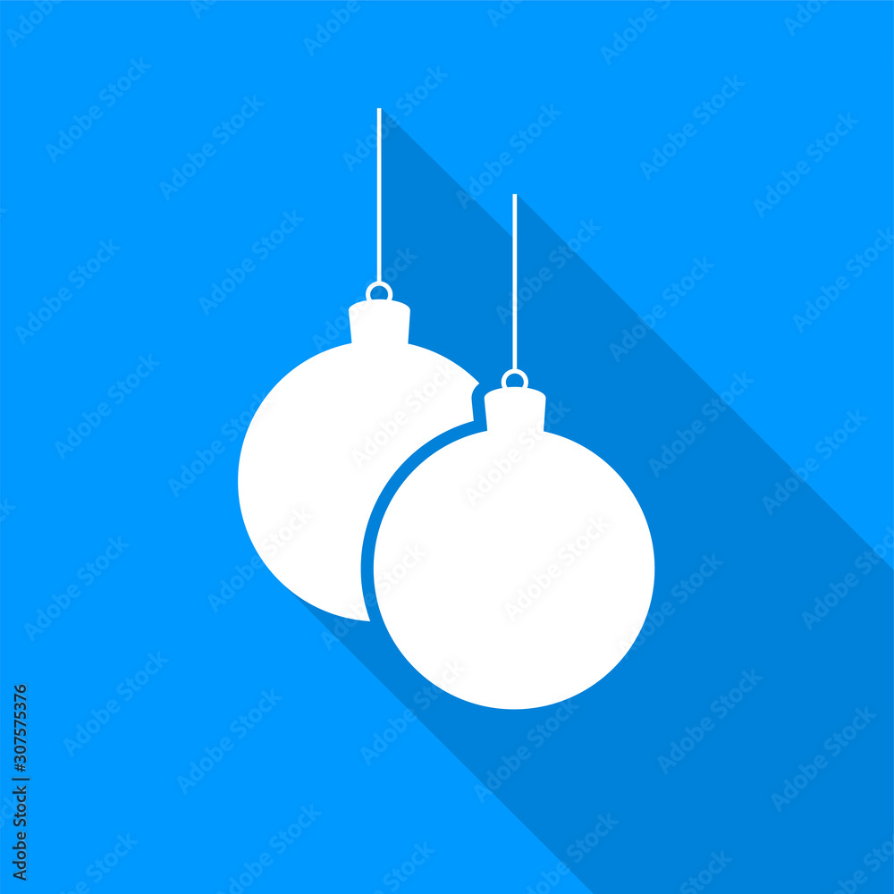 Poster flat white christmas balls on a string icon with a long shadow on a blue background.