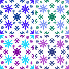 Set of winter patterns with pink, purple, blue and green snowflakes on a white background. Samples (four options) for seamless patterns
