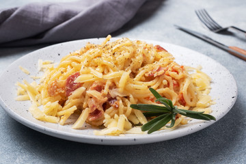 Pasta spaghetti with bacon egg cheese on a plate with spices. Traditional Italian dish Carbonara. Grey concrete table