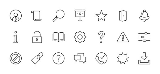 Set of Interface Related Vector Line Icons. Contains such Icons as User, Search, Info, Star, Bell, Door, Settings, Lock, Alert, Gear and more. Editable Stroke. 32x32 Pixel Perfect