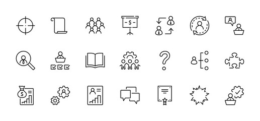 Set of People Management Related Vector Line Icons. Contains such Icons as Target, Puzzle, Certificate, Personal data processing, Task Manager, Qualification, Head Hunting and more. Editable Stroke