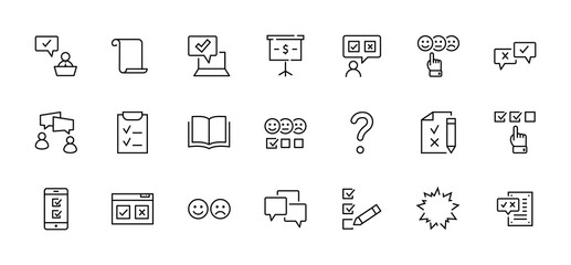 Set of Survey Related Vector Line Icons. Contains such Icons as Smile, Sad, Review, Click, Check, Customer Opinion, Web Survey and more. Editable Stroke. 32x32 Pixel Perfect