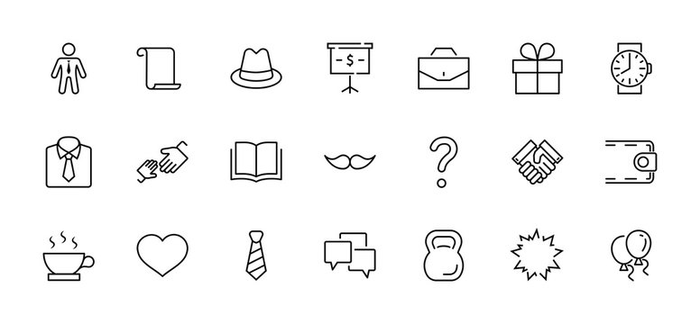 Father's Day Set Line Vector Icons. Contains such Icons as Mustache, tie, shirt, handshake, diplomat, hat, coffee, purse, gift, portfolio and more. Editable Stroke. 32x32 Pixel Perfect