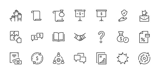 Set of Business Cooperation Vector Line Icons. Contains such Icons as Puzzle, Partnership, Money, Handshake, Dollars, Team, Synergy, Work, Interaction and more.Editable Stroke. 32x32 Pixel Perfect.