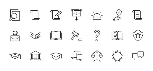 Set of Law and justice Vector Line Icons. Contains such Icons as weapon, arrest, authority, courthouse, gavel, legal, weapon and more. Editable stroke. 32x32 Pixels