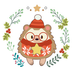 The character of cute hedgehog standing on the white background with christmas ring. The cute cat wear a winter hat and sweater. The christmas wreath and holly leaf in flat vector style.