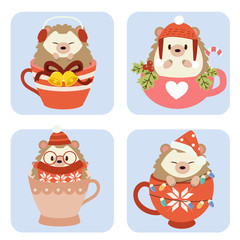 The collection of cute hedgehog in cup in christmas theme set. The cute hedgehog sitting in the cup and wear a winter cup and earmuffs and glasses. The character of cute hedgehog in flat vector style.