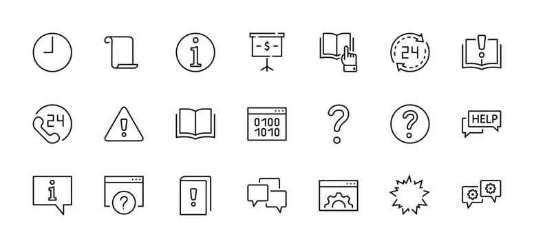 Set of Help And Support Vector Line Icons. Contains such Icons as Handbook, Book, Online Help, Tech Support and more. Editable Stroke. 32x32 Pixels