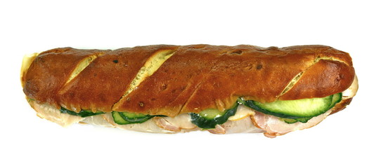 Delicious sandwich with meat and fresh vegetables isolated on white background. Fresh baguette. Classic BLT sandwiches. Close up.