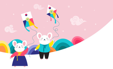 Korean Traditional Happy New Year Day, year of rat. Cute mouses with kites in korean traditional dress.