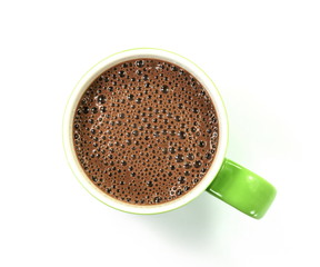 Top view of coffee cup with coffe foam, isolate on white.