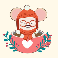 The character of cute mouse sitting in the cup in christmas theme. The character of cute mouse wear winter hat and scarf and sitting in the coffee cup with the leaf in flat vector style.