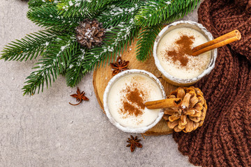 Homemade eggnog with cinnamon in glass. Typical Christmas dessert. Evergreen fir brunch, cones, cozy plaid, artificial snow. Stone concrete background