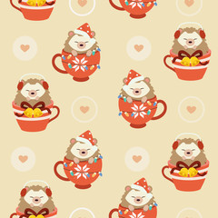 The seamless pattern of cute hedgehog in the cup with christmas theme set. The character of cute hedgehog sitting in the cup with winter hat and earmuffs. The character of cute hedgehog in flat vector