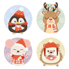 The collection of cute animals in circle with snow and snowflake. The cute penguin and deer and mouse and hedgehog wear winter hat and scarf with snowflake in the circle in flat vector style.