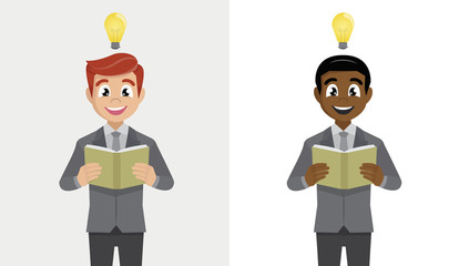 Businessman reading a book. Working ideas from reading books. Male character design illustration.