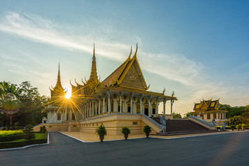 Beautiful scene of Royal Palace with sunset, blue and yellow sky background at central Phnom Penh...