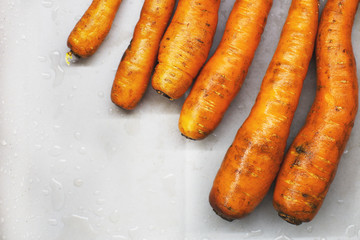 unwashed raw carrots on a light background