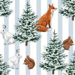 Christmas trees, red fox, white rabbit, squirrel floral seamless pattern striped background. Winter forest wallpaper.