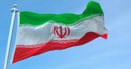 Naklejka na ściany i meble 3D Rendering iran national Flag textile cloth fabric waving on the top -Illustration