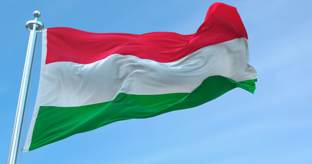 Naklejka na ściany i meble 3D Rendering Hungary national Flag textile cloth fabric waving on the top -Illustration