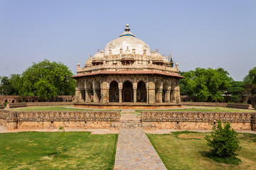Large Panorama of Tomb of Isa Khan near Mausoleum of Humayun Complex. UNESCO World Heritage in Delhi, India. Asia.