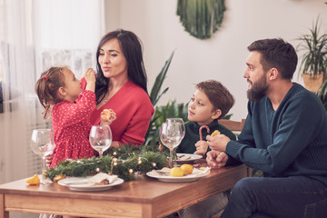 Family Together Christmas Celebration Concept. Family Enjoying christmas dinner background