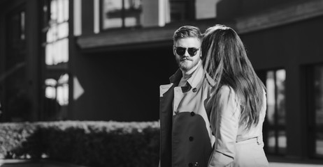 Romantic couple in love walking around the city. black and white shot © jozzeppe777