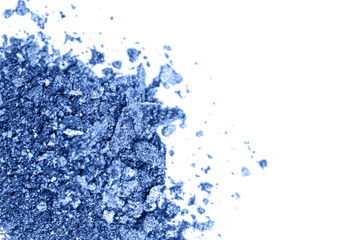 A broken colored in color of year 2020 classic blue eye shadow make up palette. flat lay. Copy space for your text.