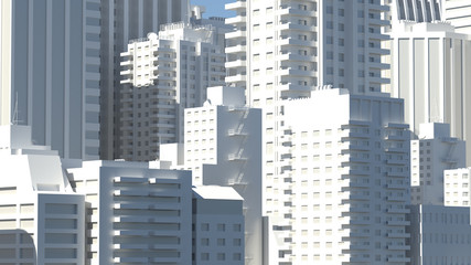 3d render of realistic city buildings in bright light with shadows. Detailed models.