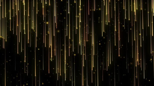 4K Animation of falling bright particles. Particle rain. Flying lights. Shimmering glitters. Festive motion Gold background. Black isolated. 