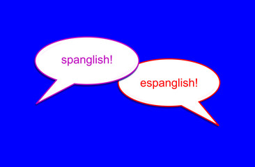 Illustration with the phrase Spanglish and Espanglish in a speech bubble. Graphic is referring to the acronym of the words Spanish and English, in both languages. Graphic with blue background.