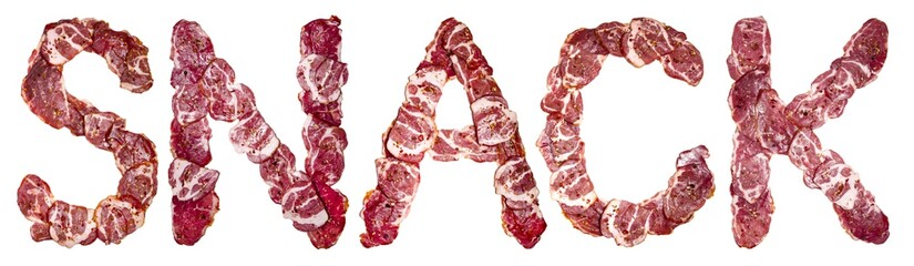 Snack. Fresh meat alphabet. Conceptual font for design.