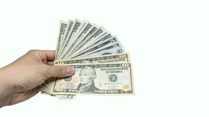 Many dollars, dollars in the hands of businessmen and a white background