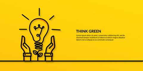 Save the world concept with hand hold light bulb, flat nature ecology on yellow background - obrazy, fototapety, plakaty