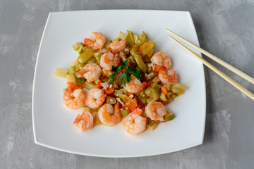 diet food: boiled vegetables with shrimp.