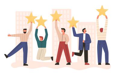 Bundle of man holding stars on abstract background. Costumer product review. Man giving positive feedback. Satisfied consumer concept. Flat vector illustration