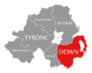 Down red highlighted in map of Northern Ireland