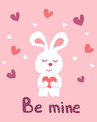 Vector color hand-drawn illustration of a bunny with a heart. Inscription "be mine". Greeting card, poster, print for Valentine's Day
