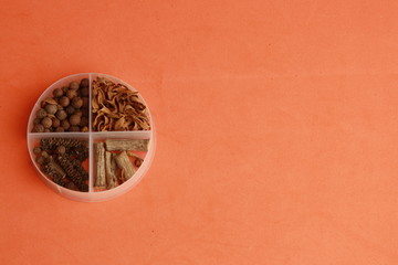 box with spices for cocktails with vocka..