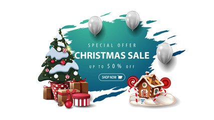 Special offer, Christmas sale, up to 50% off, banner with white balloons, Christmas tree in a pot with gifts and Christmas gingerbread house. Blue torn banner isolated on white background.