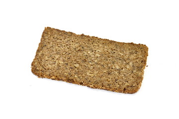 Slices of wholemeal dark bread isolated on a white background in close-up (high details)