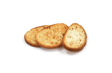 Sliced bruschetta on white background. Crusty bread bruschetta.