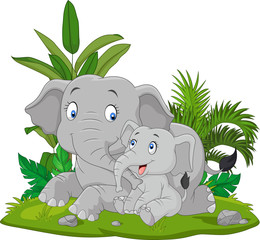 Cartoon Mother and baby elephant in the grass