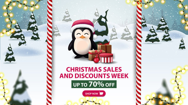 Christmas sales and discounts week, up to 70% off, beautiful discount banner with penguin in Santa Claus hat with presents and cartoon winter landscape on background