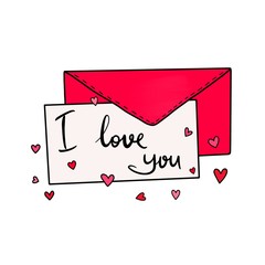 Greeting card Valentine with lettering I love you on the background of a bright pink envelope and confetti of hearts. Holiday illustration on a white background.
