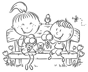 Kids eating ice-cream sitting on a bench in the park