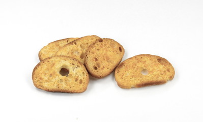 Sliced bruschetta on white background. Crusty bread bruschetta.