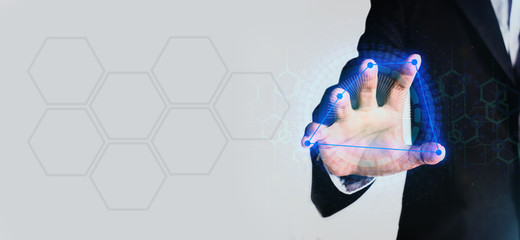 businessman pressing virtual type of buttons on digital virtual screen technology with icon holder...