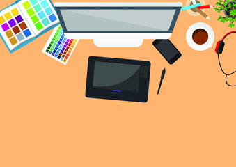 Set of flat vector design illustration of modern business office and workspace. Top view of desk background with laptop.